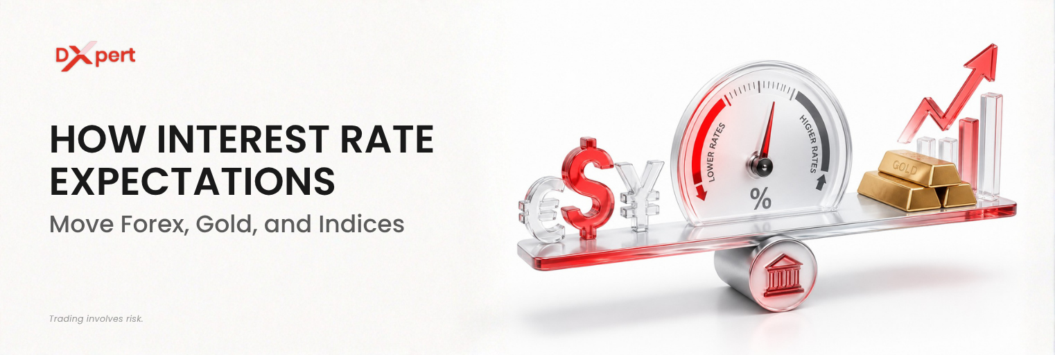 Interest rate expectations moving forex, gold, and stock indices.